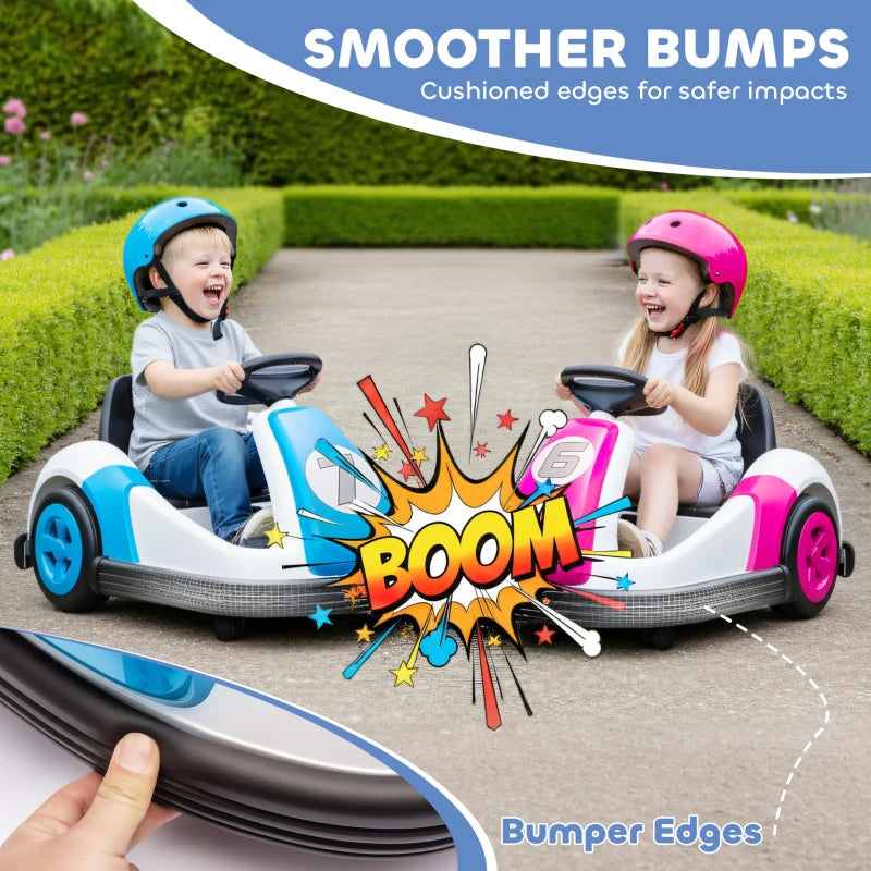 Blue and white kids bumper car ride-on with cushioned bumper edges for safer impacts