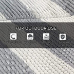 Reversible outdoor rug surface close-up, grey and cream ridged woven pattern