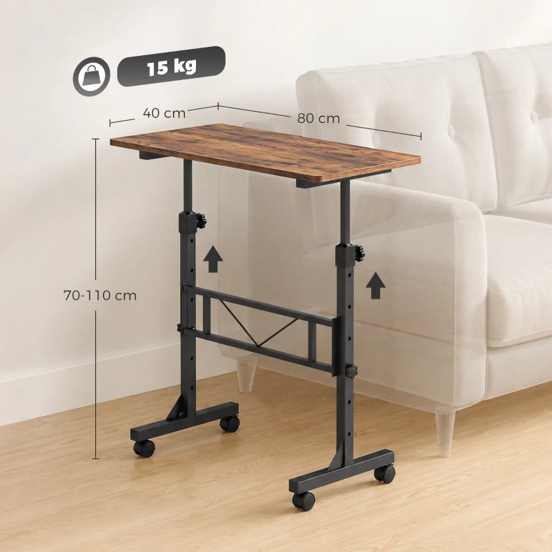 Adjustable height overbed table with rustic brown top and black rolling base