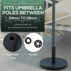Black umbrella base showing adjustable pole coupler and stabilizing knob