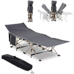 Portable camping cot with steel frame, grey bed and black carry bag laid out