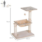 Beige cat activity tree with two platforms and center hammock bed on sisal posts