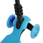 Blue kids scooter front wheel and steering column with black suspension stem