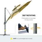 Khaki cantilever parasol with 360° rotating cross-base and crank control feature