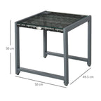 Grey square rattan side table with dark glass top, four legs and level dimensions