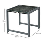 Grey rattan end table with glass top, measuring 50 by 49.5 by 50 cm