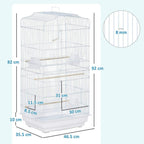 Large white metal bird cage with perches, feeding bowls, and pull-out bottom tray