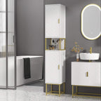 White freestanding bathroom tallboy cabinet with gold-tone base and open shelf compartments