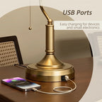 Bronze base desk lamp with green shade, pull-cord, and built-in USB ports