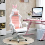 Pink and white gaming chair with rabbit-ear headrest, armrests, and footrest, on wheels