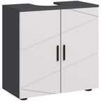 Light grey bathroom vanity cabinet with two doors and black countertop, U cut-out