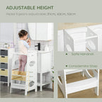 White adjustable toddler step stool tower with safety handrail and height settings