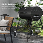 Black charcoal BBQ grill with wheels and side handle for easy moving