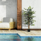 Artificial ficus tree with glossy green leaves in a black pot