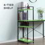 4-tier side shelf desk with walnut-brown work surface and black metal frame