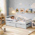 Grey kids bed frame with guard rails and storage drawers, open-shelf side panels