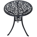 Black round bistro table with decorative lattice top and curved tripod legs