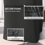 Black grill cover with hook-and-loop fastener and drawstring closure at the bottom.