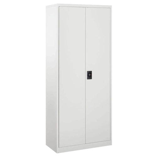 Lockable tall filing cabinet in white with two doors and a built-in security lock.