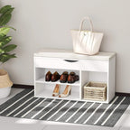 White shoe cabinet bench with open cubby shelves and padded top