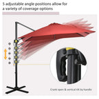Wine red cantilever umbrella with adjustable tilt mechanism and close-up pole joint