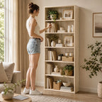 Six-shelf oak wood effect bookcase with books, baskets, and decor