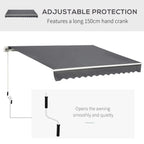 Grey manual awning with long hand crank handle and scalloped front edge