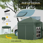 Green pop-up gazebo with roof and partially attached sidewalls; frame setup view