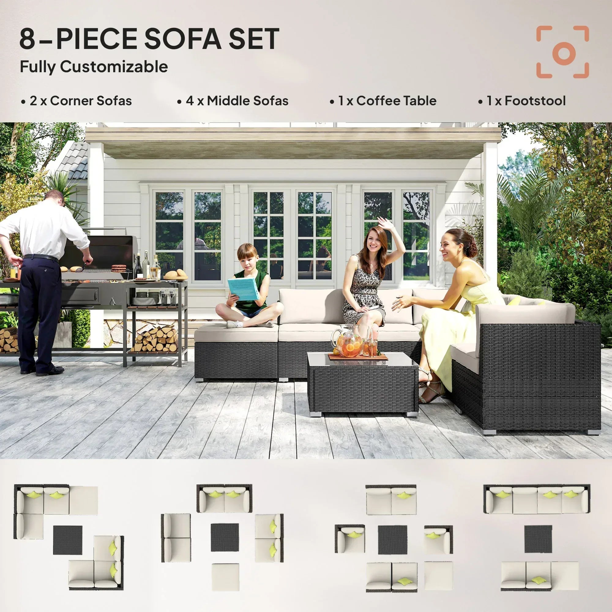 8 Piece Rattan Corner Sofa Set with Wide & Deep Seat, Assembled Aluminium PE Rattan Garden Furniture Set with Thick Cushions and Glass Top Table for Outdoor, Conservatory, Black - Bobobiy