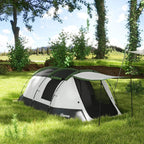 Green, white and black two-room camping tent with porch