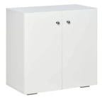 White freestanding storage cabinet with two doors and silver knob handles.