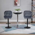 Two dark grey armless swivel bar stools with backrest and metal footrest