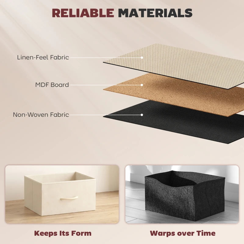 Beige fabric drawer dresser material layers: linen-feel and non-woven fabric panels