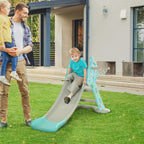 Toddler deer-themed slide with basketball hoop, teal and gray; child playing outdoors