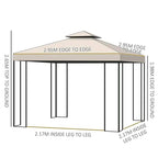 Beige double-roof garden gazebo tent dimension diagram with edge-to-edge and leg measurements