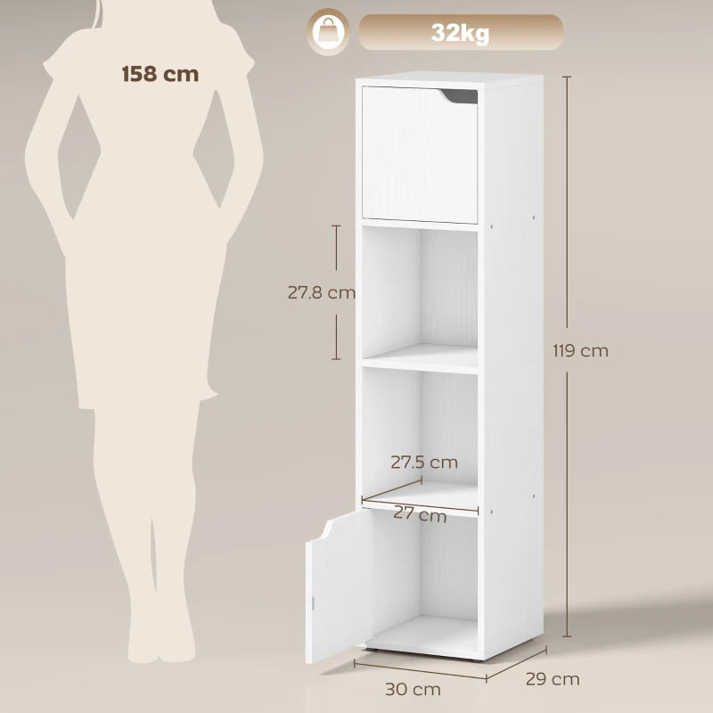 White narrow 4-tier bookshelf with two doors and open middle shelves, front view