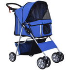 Blue foldable pet stroller with mesh front canopy and four rolling wheels