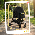 Black pet stroller side view with labeled dimensions and wheel base