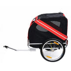 Red and black bicycle pet trailer with front mesh door and wide steel frame