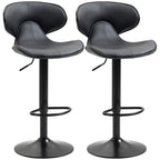 Set of 2 grey upholstered bar stools with curved backrests and round footrest rings