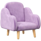 Purple kids armchair with cloud shape, rounded armrests, velvet-look upholstery, wooden legs
