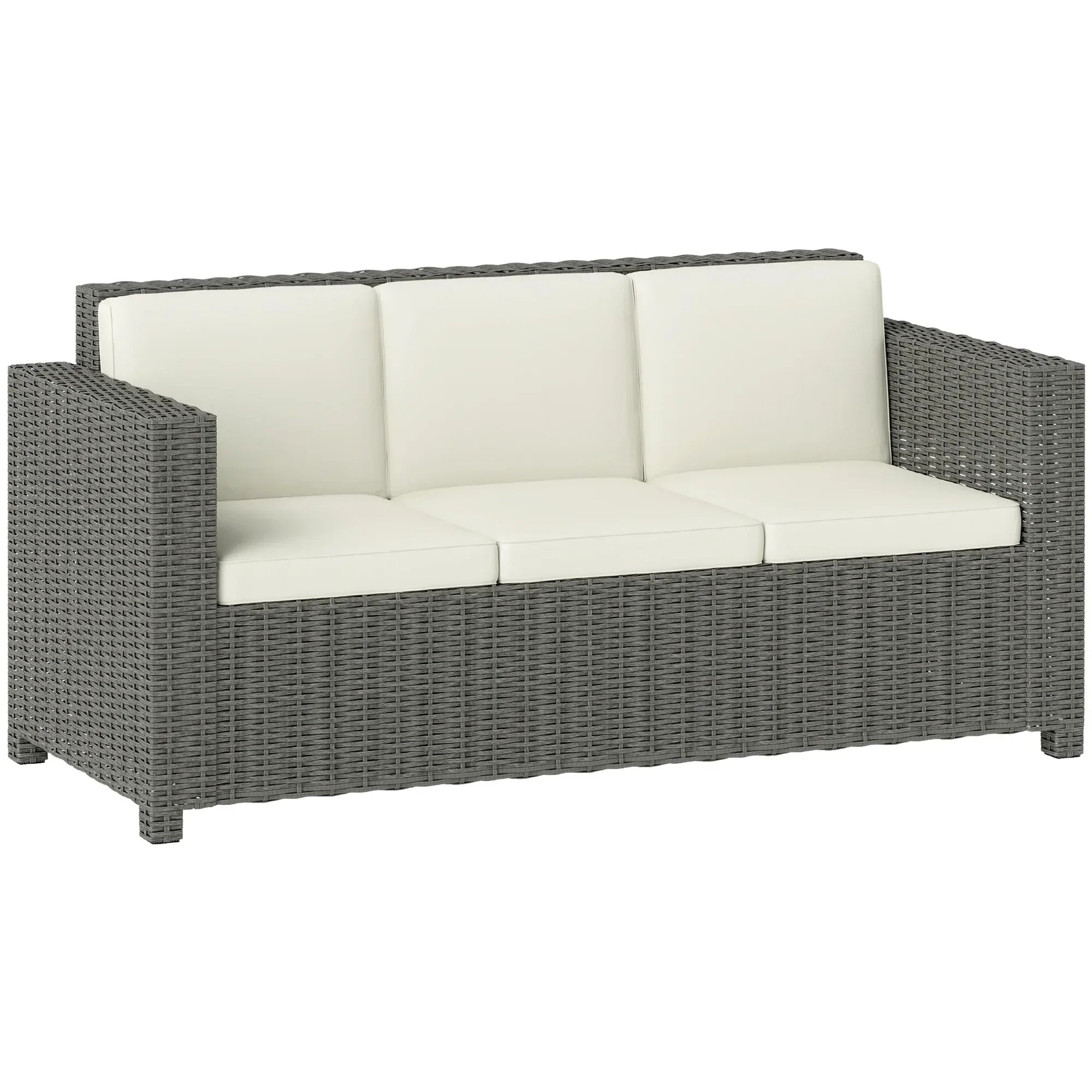 3 Seater Rattan Sofa All-Weather Wicker Weave Metal Frame Chair with Fire Resistant Cushio-Cream - Bobobiy