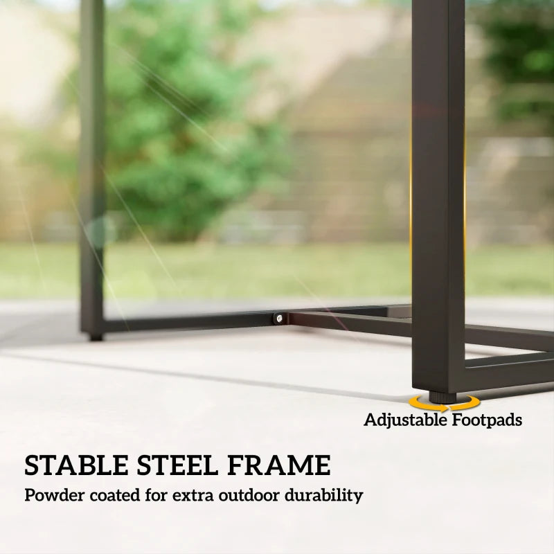 Dark metal frame of rattan bistro table with adjustable footpads for stability