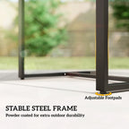 Dark metal frame of rattan bistro table with adjustable footpads for stability