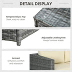 Grey PE rattan sofa corner with tempered glass top and adjustable leveling feet