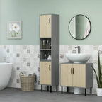 Bathroom storage cabinet with open shelving and two door fronts, natural wood finish.