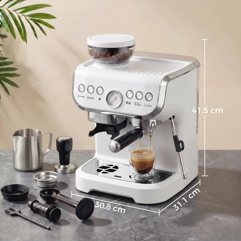 White coffee machine with grinder hopper, steam wand, and espresso cup