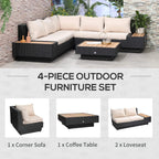 4-piece outdoor furniture set: black corner sofa with beige cushions and matching slatted coffee table