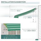 Green manual retractable awning installation diagram with crank handle and recommended mounting height