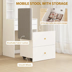 White mobile storage stool with gray fabric cushion, hidden compartment, and wheels